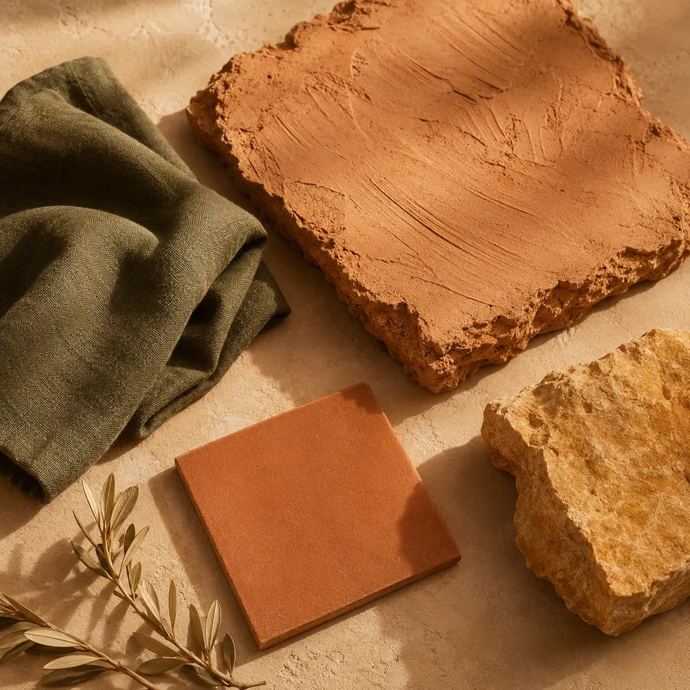 Terracotta clay, olive linen and ochre stone — illustrative material reference