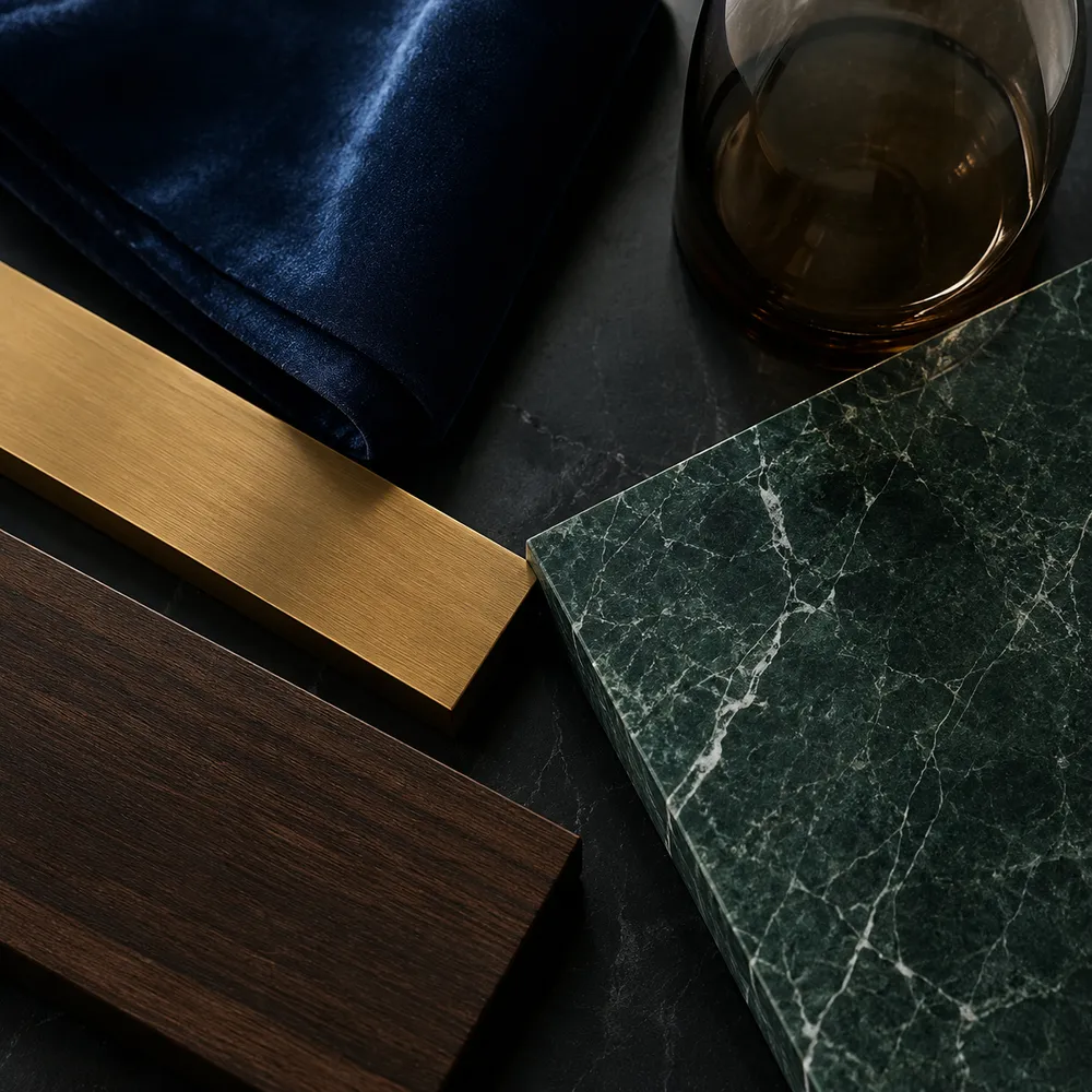 Jade marble, indigo velvet and brushed brass — illustrative material reference
